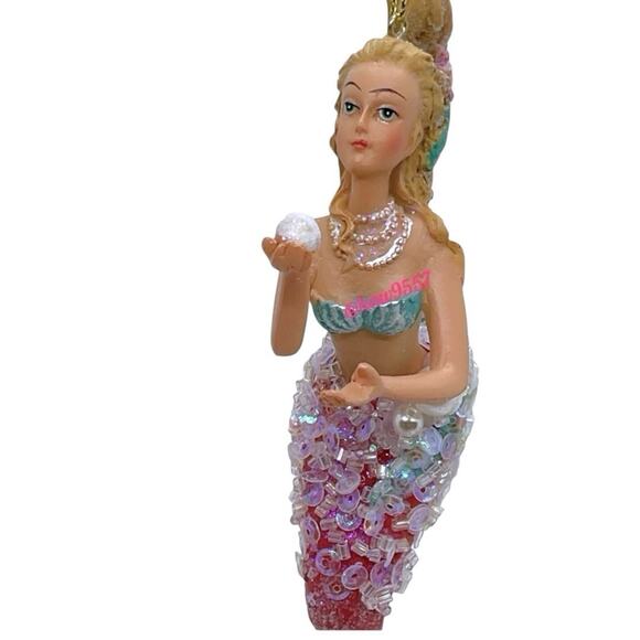 Mermaid Christmas Ornament Pearl Sequin Tail Hand Painted Ocean Fantasy Decor - Picture 3 of 8